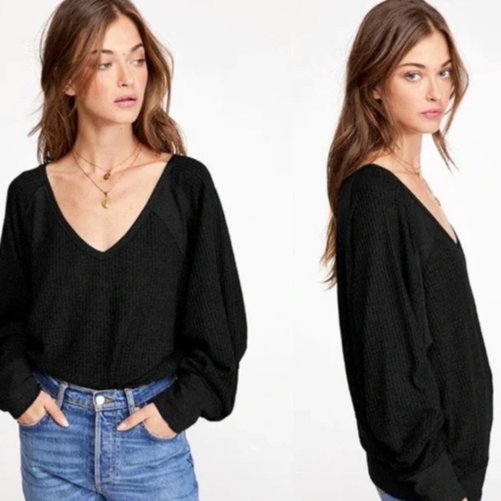 NWT Free People Women's Santa Clara Thermal Long Sleeve Pullover NEW Large Black
